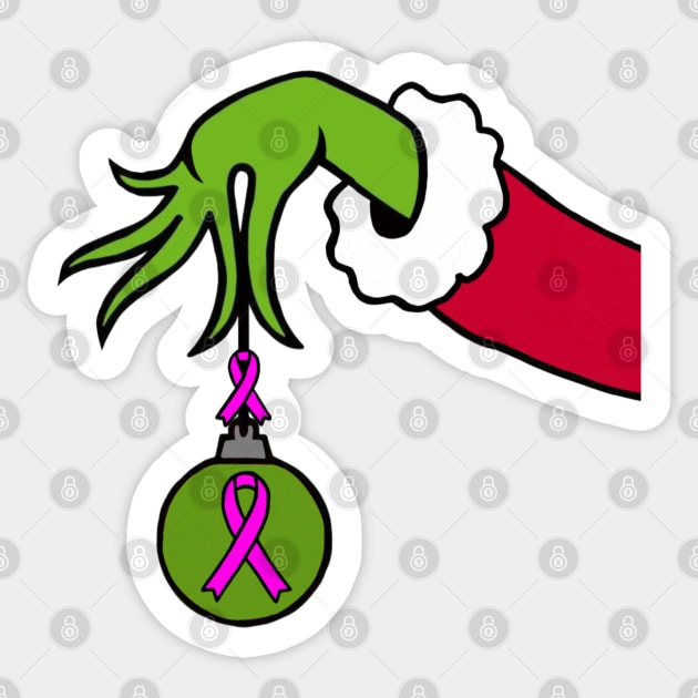 The Green Mean One holding a Awareness Ribbon Christmas ball (Pink) Sticker by CaitlynConnor